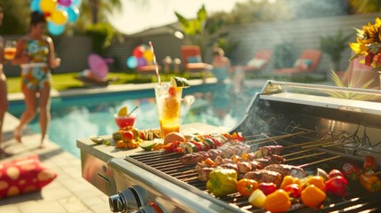 Sizzling Summer Barbecue Party by the Pool with Grilled Meats, Vegetables, and Lively Decorations