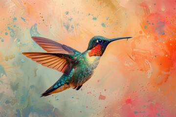 Hummingbird, isolated on pastel background, stock photographic style