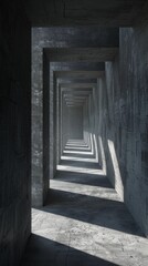 Fototapeta premium Concrete corridor with geometric patterns and shadows, minimalist architectural design concept