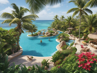 Fototapeta premium pool with trees and sea ocean, summer, water, vacation, landscape, sand, trees, resort, island, coast, pool, palms, palm tree, sun, hotel, paradise, tourism,Ai generated 