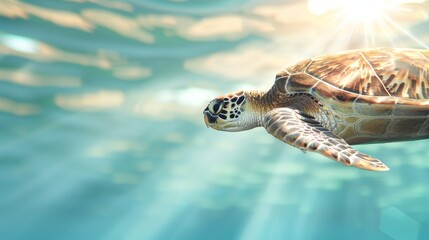 Sea turtle swimming peacefully in the sea, open copy space for text, enchanting marine life scene