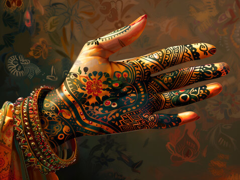 Hand with henna tattoo, detailed patterns, cultural body art, festive decoration