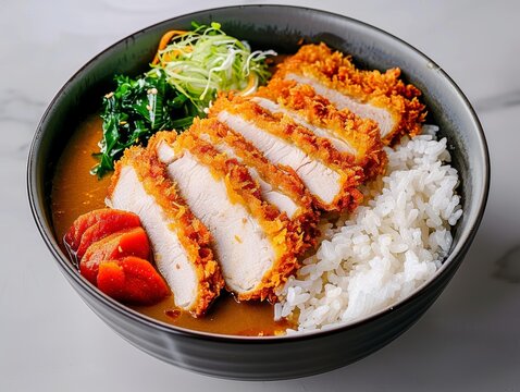 Mouth-watering katsu curry, breaded chicken cutlet drenched in flavorful curry, set in a cozy Tokyo restaurant. Perfect for food blogs and menus
