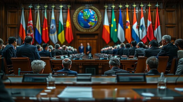 Realistic photo of international delegates at a Kyoto Protocol meeting, representing global cooperation in reducing greenhouse gas emissions. , Minimalism,