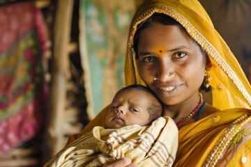 Obraz premium Smiling Mother in Traditional Dress Holding Baby in Vibrant Rural Setting