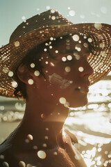 Obraz premium Young Man with Sun Hat and Sunscreen on Face at Sunny Beach
