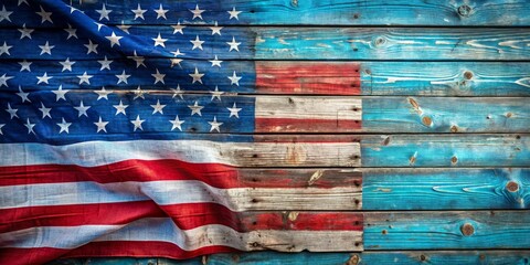 Fototapeta premium Distressed Patriotic Flag Drapery on Weathered Blue Wood