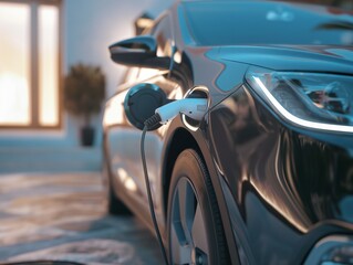 Naklejka premium electric car charging in home charging station, sustainable and economic transportation concept