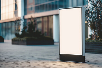 A mockup template featuring an empty blank standee billboard stand, prominently displayed against the background of a pavement