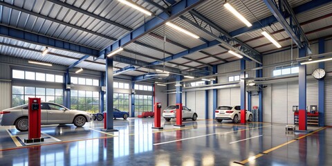 Empty automotive repair garage with modern interior and equipment, 3D illustration