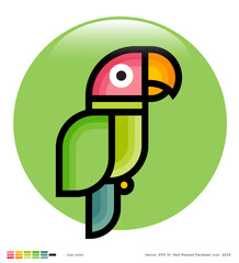 Red-masked parakeet. Parrot in green circle. Multicolor Tropical Bird. Illustration of geometric style.