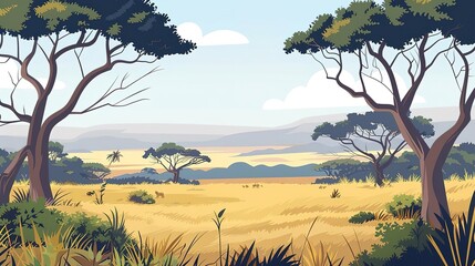 Serene savanna landscape with lush trees and grassy plains.