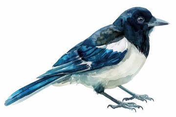 Obraz premium Magpie, bird, Pastel-colored, in hand-drawn style, watercolor, isolated on white background