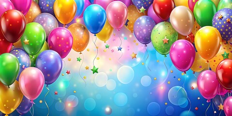 Festive birthday background with floating balloons and customizable text area, generated by AI.