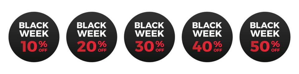 Black week sale tag circle set. 10, 20, 30, 40, 50 percent.