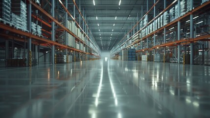 Obraz premium Modern Warehouse Interior with Shelves and Aisles, Perspective view inside a modern warehouse with endless aisles of shelves stocked with goods, reflecting on a glossy floor.