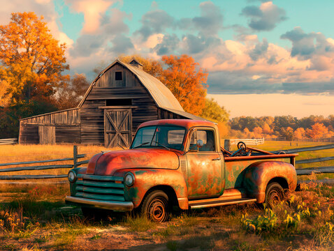 Rustic truck and barn in autumn, vibrant fall colors, countryside scene