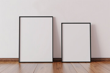 A mockup template featuring two square frames with thin black frame borders standing next to a white wall on a polished wooden floor