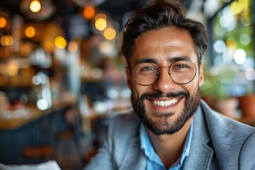 Fototapeta premium Close-up of a young businessman with a beautiful smile, wearing eyeglasses, well groomed beard, reading news on a newspaper while enjoying a cup of coffee.