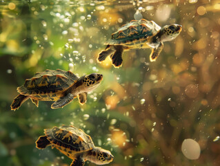 Obraz premium Baby Turtles Underwater, Generative AI Illustration