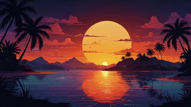 Bay lo fi aesthetic wallpaper. Sunset near ocean. Small island. Beach with palm tree and sand 2D vector cartoon landscape. Night. Anime. Cartoon. Relaxing colors, atmosphere. Positive vibes. Stars