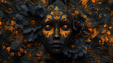 Black Flowers Woman Art Golden Accents