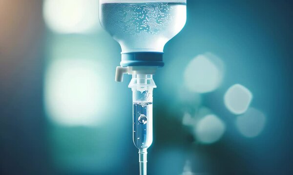 Close-up of vitamin IV drip chamber dripping on medical clinic. Dripping for intravenous infusion during surgery. Healthcare and medicine concept