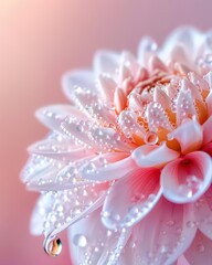 Fototapeta premium Close-up of a delicate pink flower covered in sparkling water droplets.