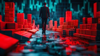 Businessman Walking Through Data Cityscape. A businessman walks through a futuristic cityscape made of red data blocks with a digital financial graph background.