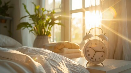 Alarm clock on a bedside table, bright morning sun and flare, clear text space