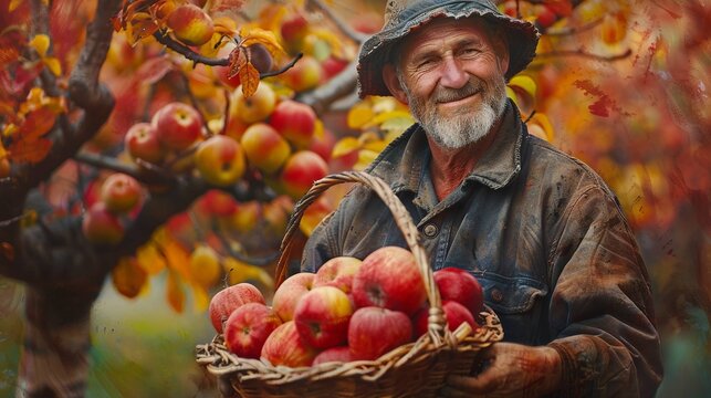 A man is holding a basket full of apples