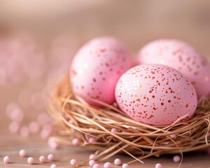 Three pink speckled Easter eggs in a woven nest on a rustic wooden table.
