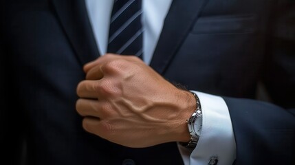 Obraz premium The image depicts an elegantly dressed man in a dark suit, adjusting his striped tie while wearing a stylish wristwatch, symbolizing sophistication and preparing for success.