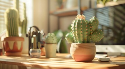 Handmade cute green cactus on desk symbolizing back to school and remote work
