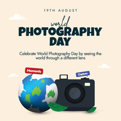 World Photography day. 19th August Photography day celebration banner with digital camera, earth globe. The day is to celebrate the art, craft, science, and history of photography. Conceptual banner.