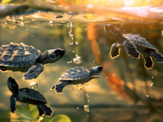 Obraz premium Baby Turtles Underwater, Generative AI Illustration