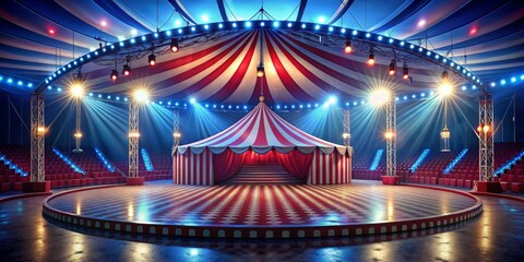 Luminous circus tent stage with dazzling lights, spotlights, and entertainment, circus tent, stage, lights, performance