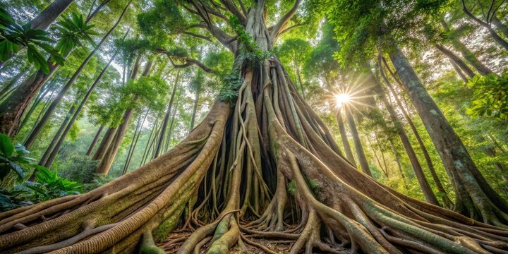 Low-angle majestic strangler fig tree in natural rainforest with impressive roots and leaves.