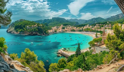 Naklejka premium A panoramic view of the picturesque Port de Sóller in Mallorca, Spain with its colorful buildings and lush greenery overlooking beautiful beaches and turquoise waters Generative AI