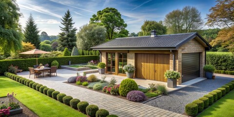 Luxury garden outbuilding with garage, outdoor living space, modern architecture, home improvement, real estate