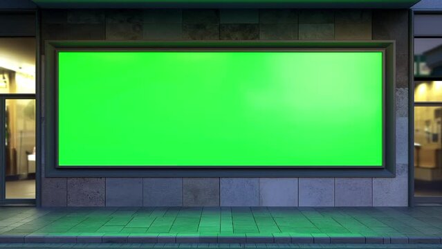 A green screen mockup of an advertising billboard in front of a store. An optical zoom that shoots the screen of an advertising billboard