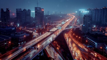 Obraz premium A city at night with a lot of traffic and a lot of lights