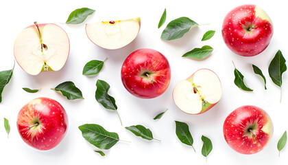 Naklejka premium Red apple with half isolated on white background with clipping path and full depth of field. Top view. Flat lay