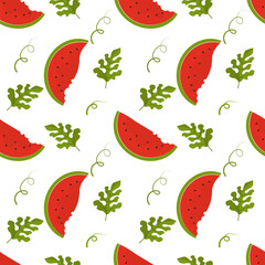 Summer fruit background.Seamless texture with watermelon slices and leaves.Vector illustration.