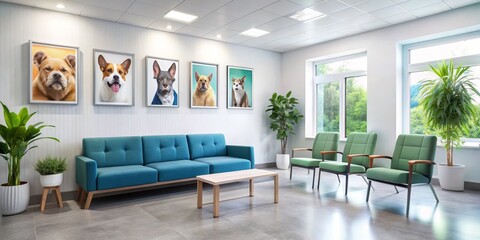 Modern pet clinic waiting area with sterile dÃ©cor and vacant frames for promotional posters