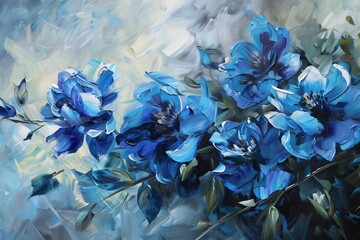 Fototapeta premium Abstract background with blue Poppies, oil or water painting of flowers. modern, painting, flowers, ice blue, shade