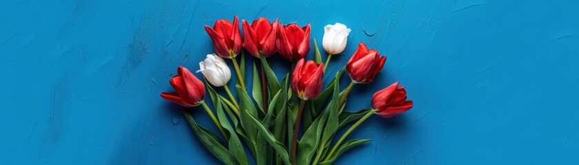 Fototapeta premium Bouquet of vibrant red and white tulips arranged against a blue background, symbolizing love and purity in a minimalist floral composition.