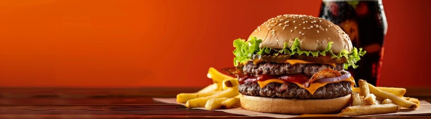 A juicy cheeseburger with fries and cola on the side, set against an flame abstract background. with melted cheese between buns.