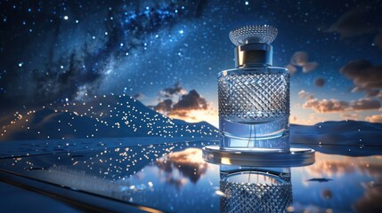 A luxury perfume bottle on a mirrored surface reflecting a starry night sky, creating a dreamy and opulent fragrance presentation
