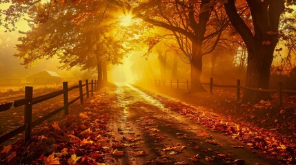 Sunlit Autumn Pathway Covered With Fallen Leaves, Lined By Tall Trees And A Wooden Fence